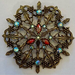 Vintage Hollywood Regency Emmons Gold Tone Aurora Borealis Pendant Brooch 3"